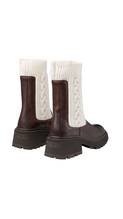 Tamia Flat in Chocolate Shiny Calf Leather Ankle Boots with Cable Knit