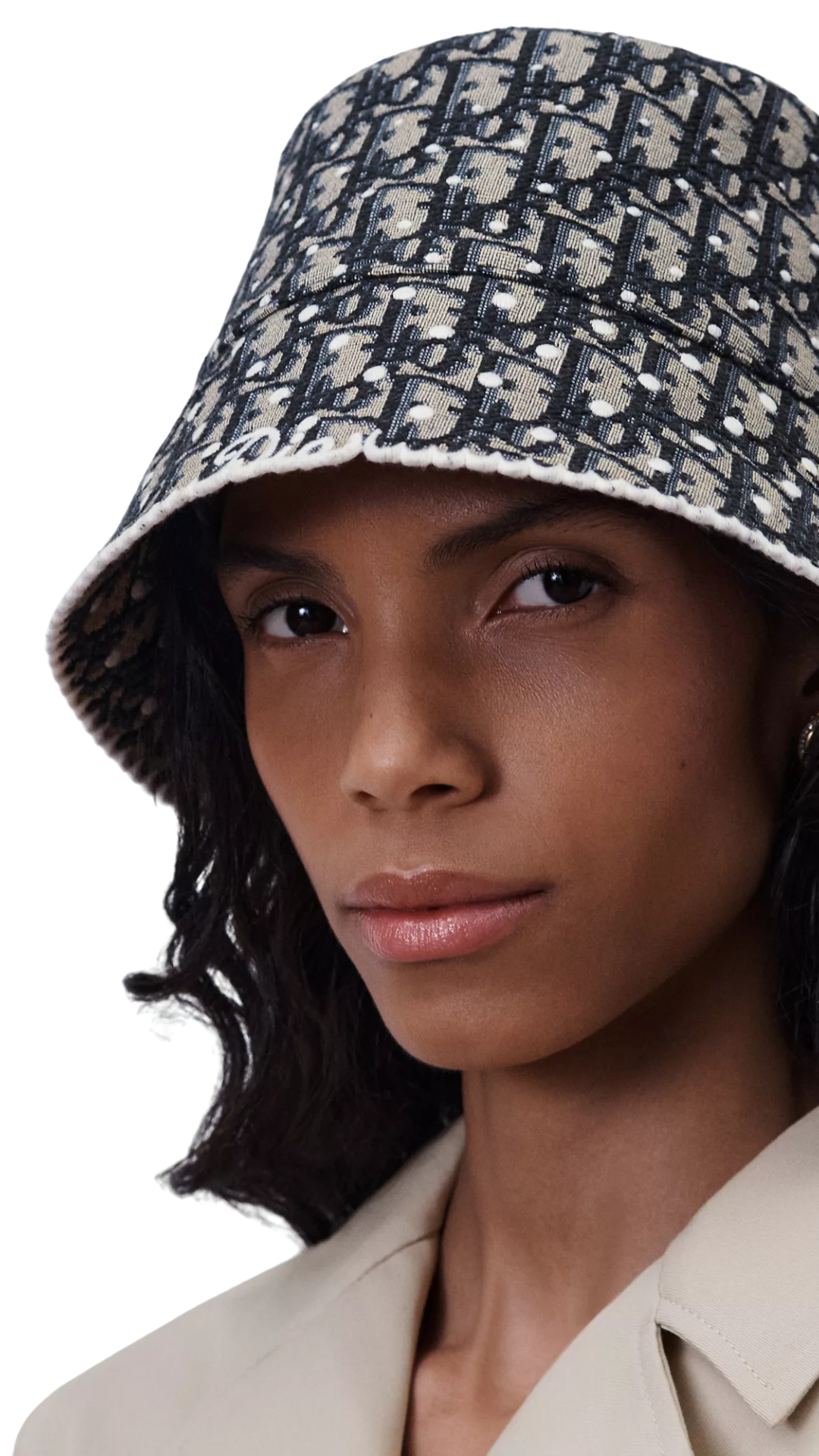 PolkaDior Oblique Teddy-D Small Brim Bucket Hat in Navy Blue Cotton-Blend Jacquard