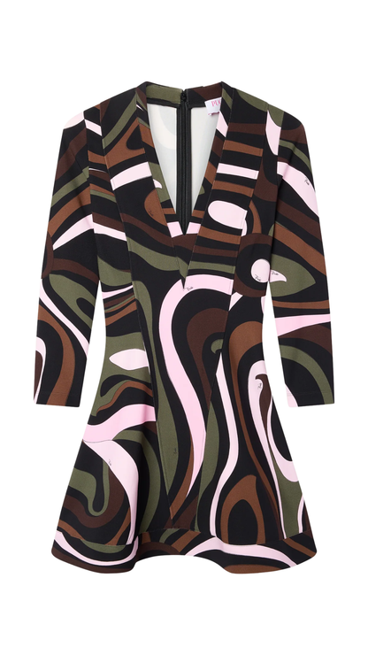 Marmo Print Compact Jersey Dress in Khaki and Pink
