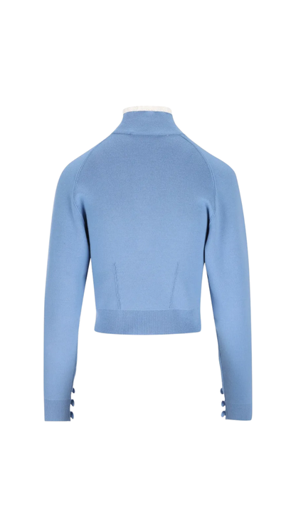 High-Neck Sweater in Blue Wool Knit & Lace
