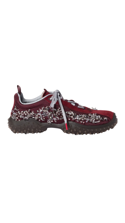 Bubble Embroidered Technical Fabric and Suede Sneakers in Burgundy