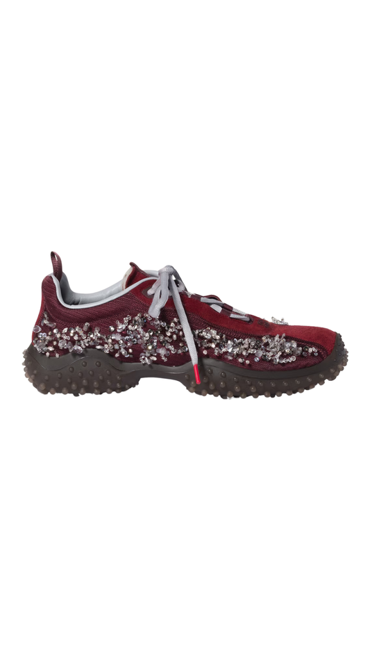 Bubble Embroidered Technical Fabric and Suede Sneakers in Burgundy