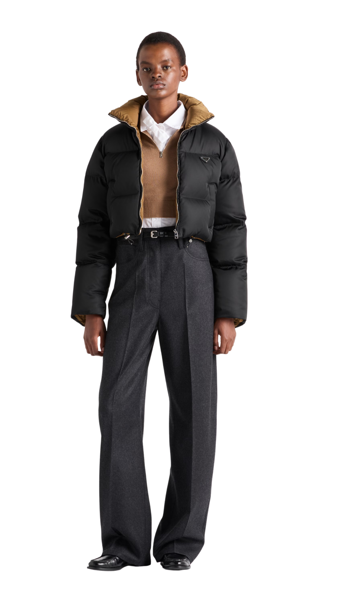 Cropped Re-Nylon Down Jacket in Black