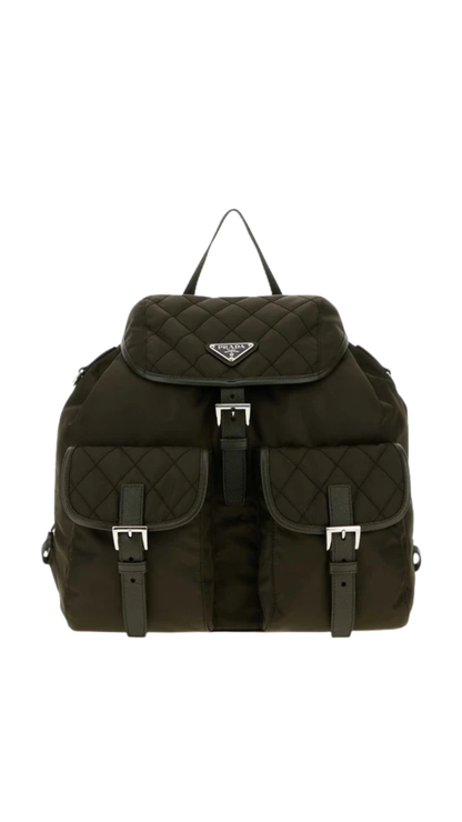 Medium Quilted Re-Nylon Backpack with Saffiano Leather Trim in Forest