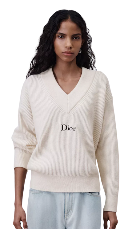 Oversized Sweater in White Wool and Cashmere Ribbed Knit