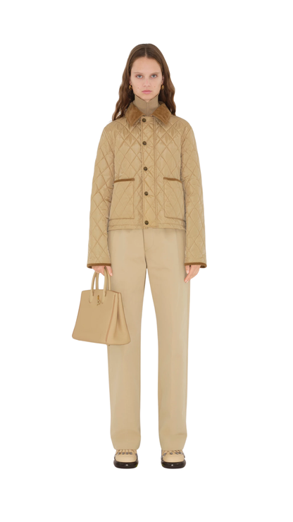 Cropped Quilted Nylon Jacket in Flax Beige/Sand Beige