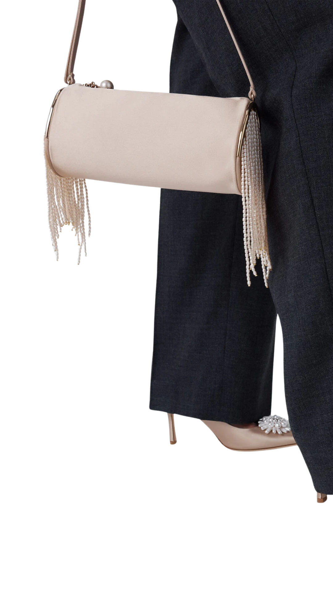 Tube Mini Bag Stone and Light Gold Satin Tube Mini Bag with Natural Pearl Fringe
