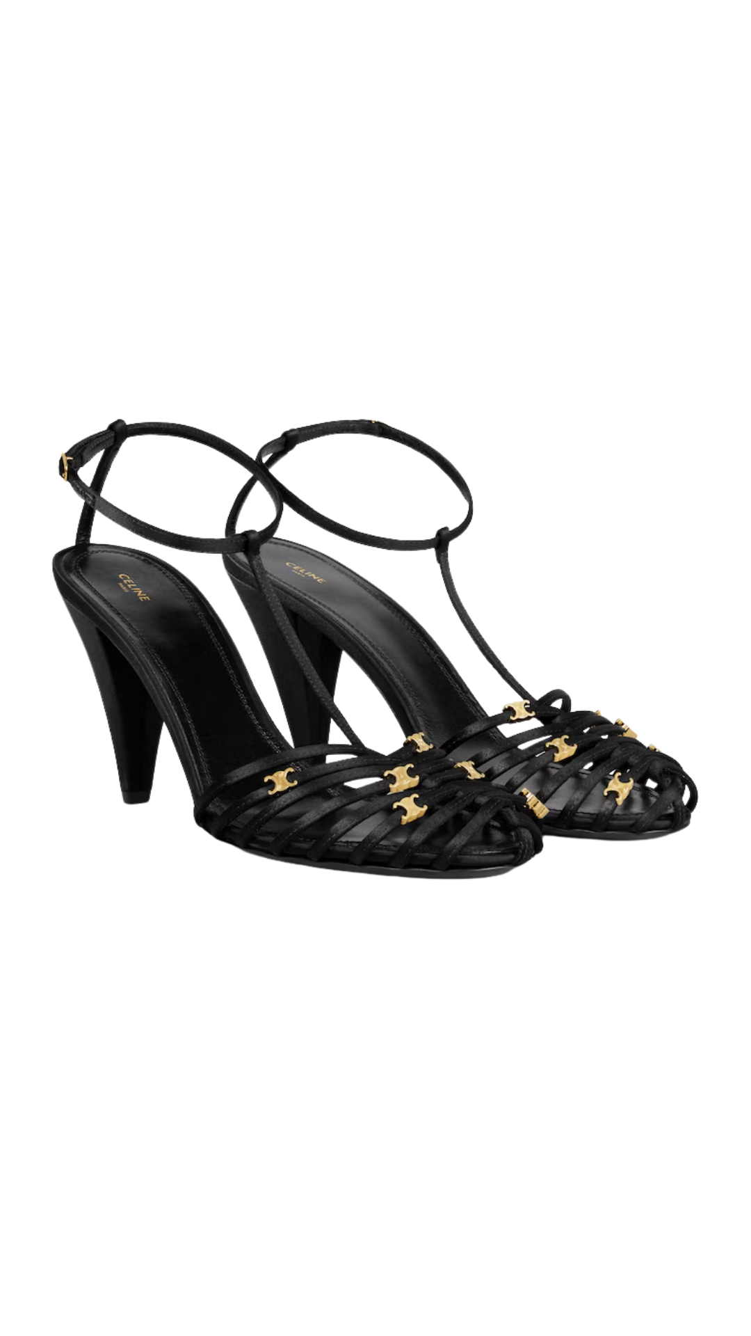 Cage Heeled Sandal in Black Satin