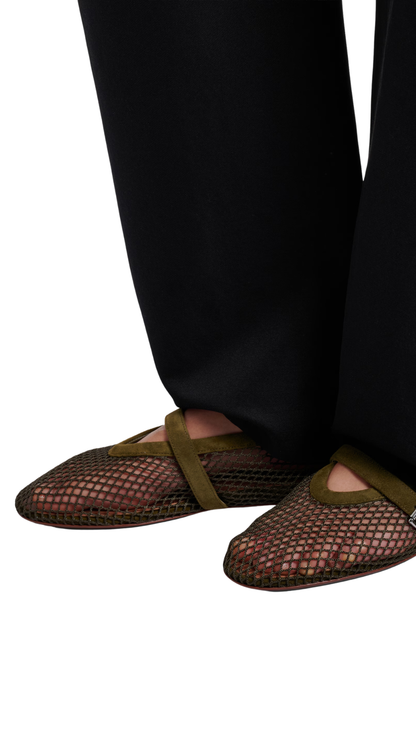 Suede-Trimmed Fishnet Ballet Flats in Green