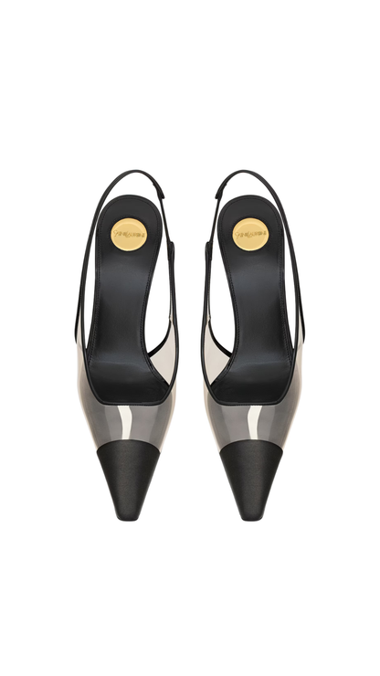Romy Slingback Pumps in Ivory & Black TPU, Satin, and Patent Leather