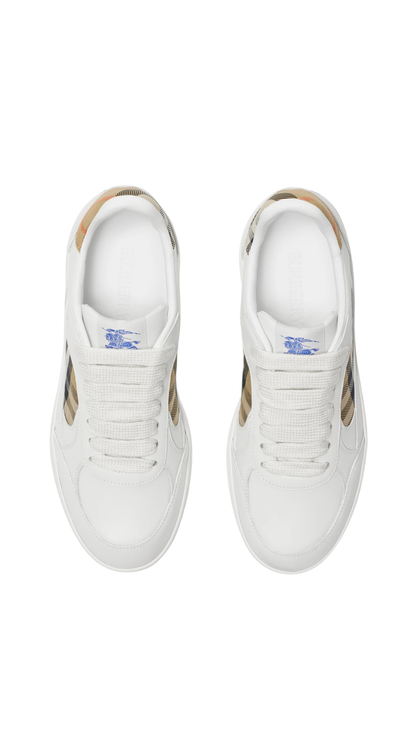 Leather and Check Terrace Sneakers in White/Sand Beige