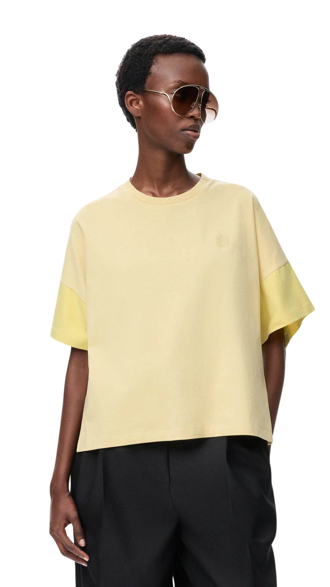 Camiseta de corte cuadrado en algodón y seda gris pálido/citrino claro