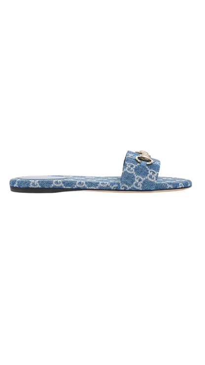Women's Slide Sandal with Horsebit in Blue GG Denim
