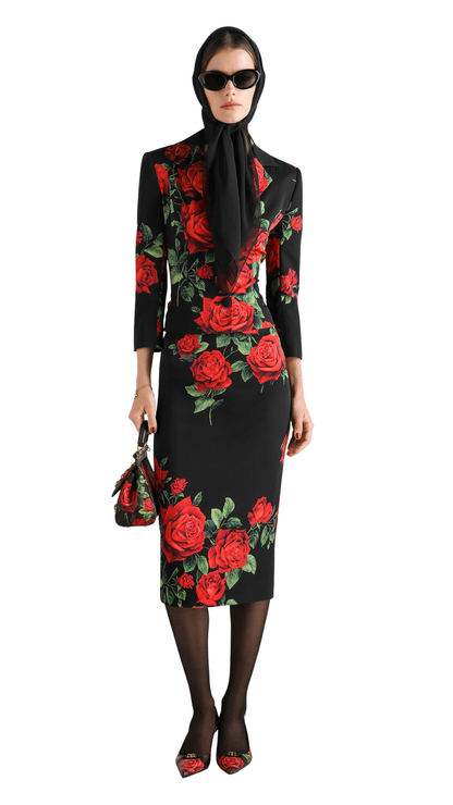 Rose-Print Charmeuse Skirt in Multi-Colored