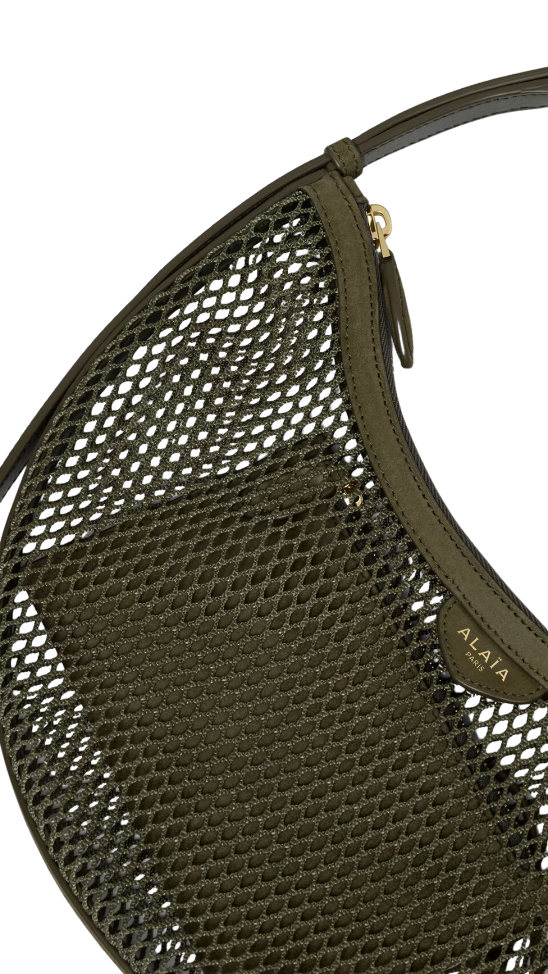 One Piece Demi Lune Bag in Fishnet and Suede in Kaki