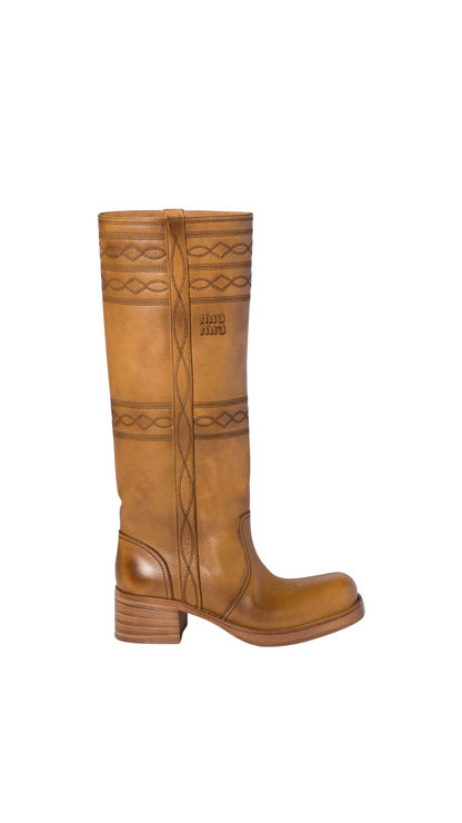 Embroidered Leather Boots in Light Tan