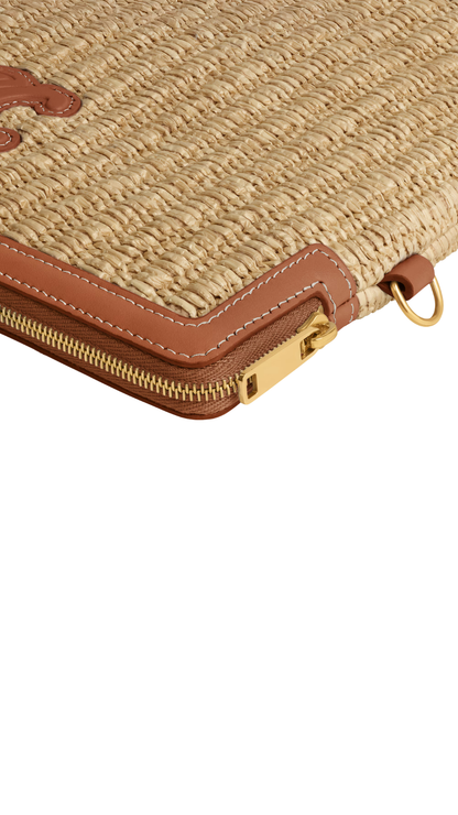 Small Pouch With Strap In Raffia Effect Textile And Calfskin