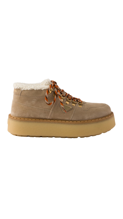 Shearling-Lined Suede Booties in Desert Beige