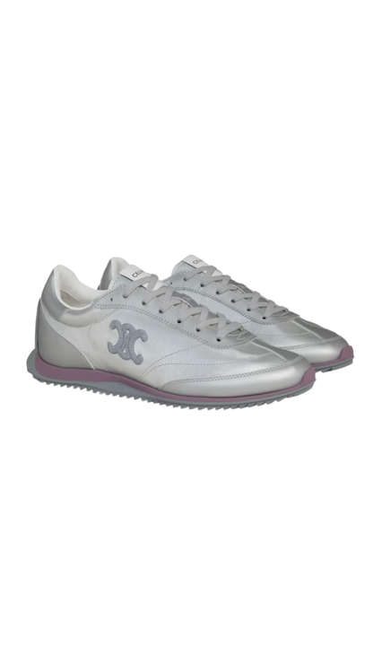 Racer Sneaker in Silver Metallized Fabric and Calfskin