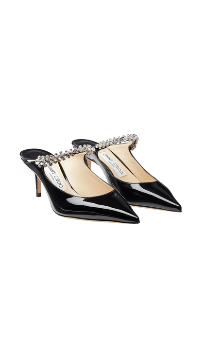 Bing 65 Ballet Black Patent Leather Mules with Crystal Strap