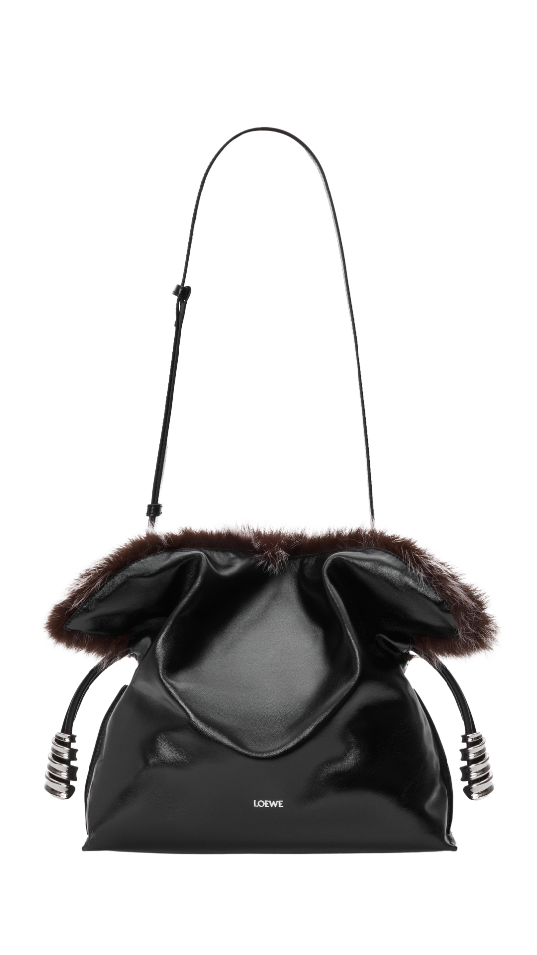 Medium Flamenco Clutch in Black Glossy Lambskin and Shearling