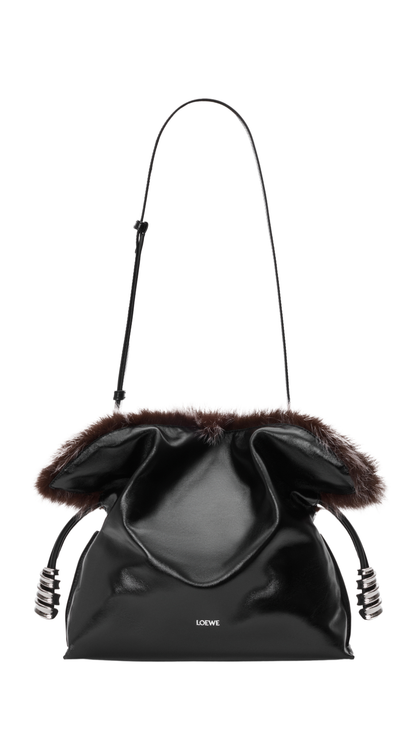 Medium Flamenco Clutch in Black Glossy Lambskin and Shearling