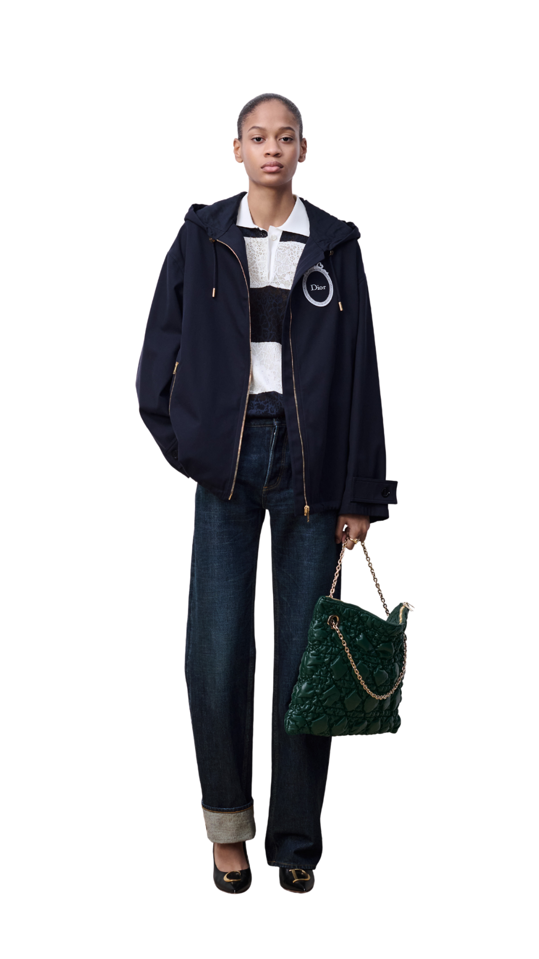 Médaillon Embroidered Anorak in Navy Blue Cotton and Silk Gabardine