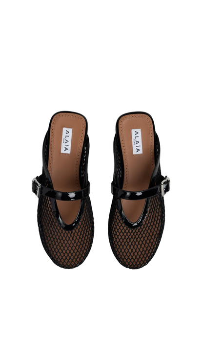 Flat Mules in Black Fishnet