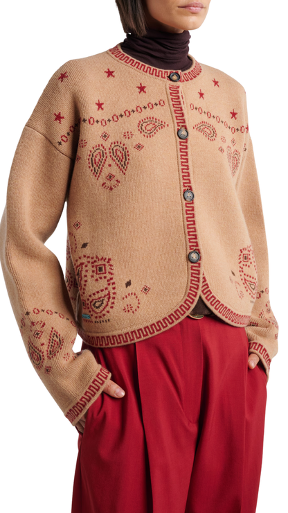 Bandana Jacquard Wool and Cashmere Cardigan in Beige