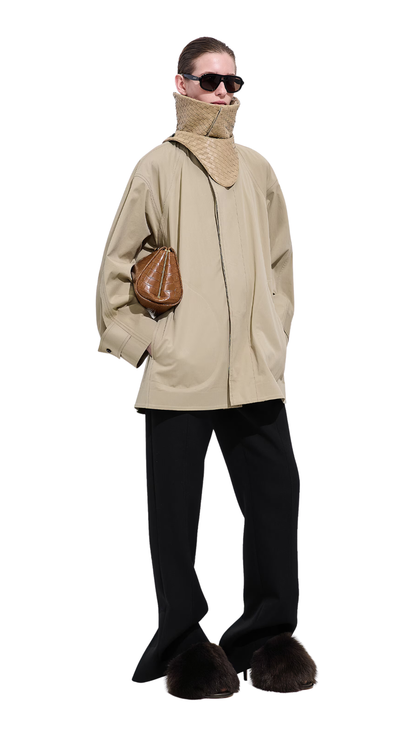 Cotton Trench Coat in Sahara with Intrecciato Leather Undercollar