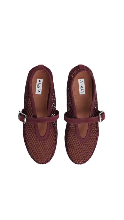 Ballet Flats in Garnet Red Fishnet and Suede