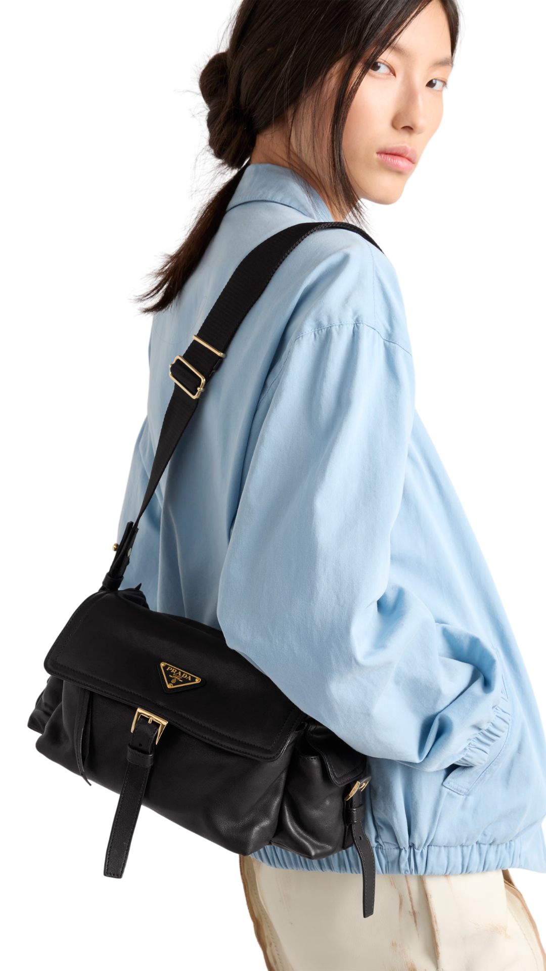 Explore Medium Nappa Leather Shoulder Bag with Flap in Black