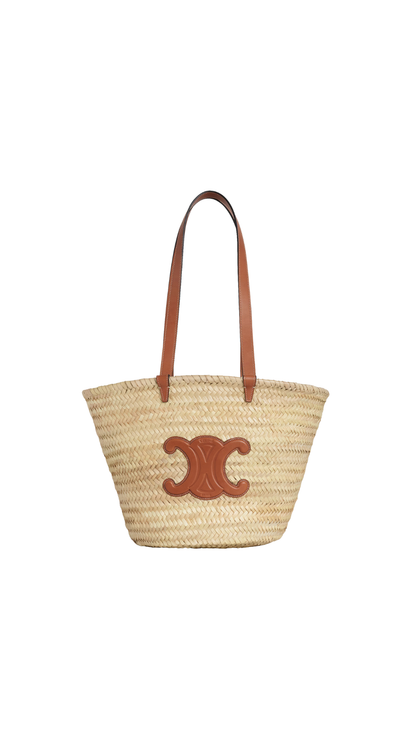 Medium Celine Classic Panier In Tan Palm Leaves And Calfskin
