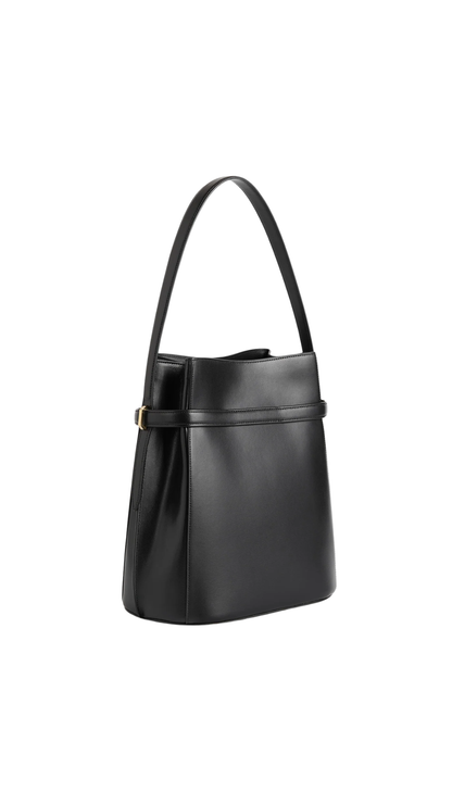Belted Leather Bucket Bag Black