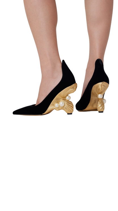 Ithaca 95 in Black Velvet Pumps with Pearl-Embellished Wedge