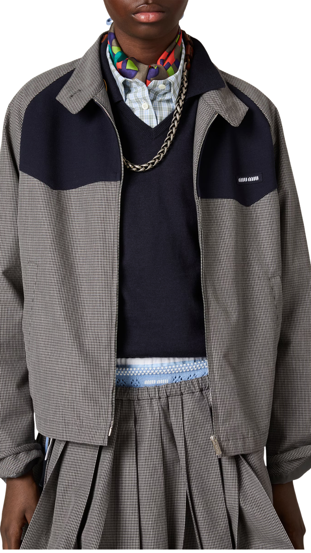 Gingham Check Blouson Jacket in Grey