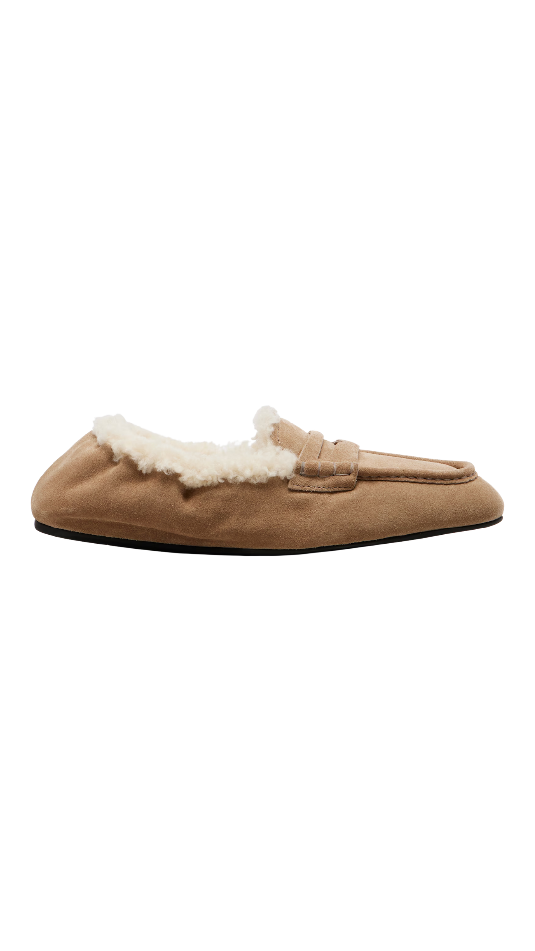 Shearling-Lined Suede Penny Loafers in Beige
