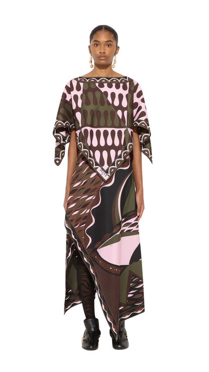 Leocorno Print Silk Blouse in Khaki and Pink