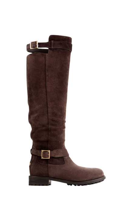 Biker Knee Boot in Chocolate Velvet Suede Knee-High Biker Boots