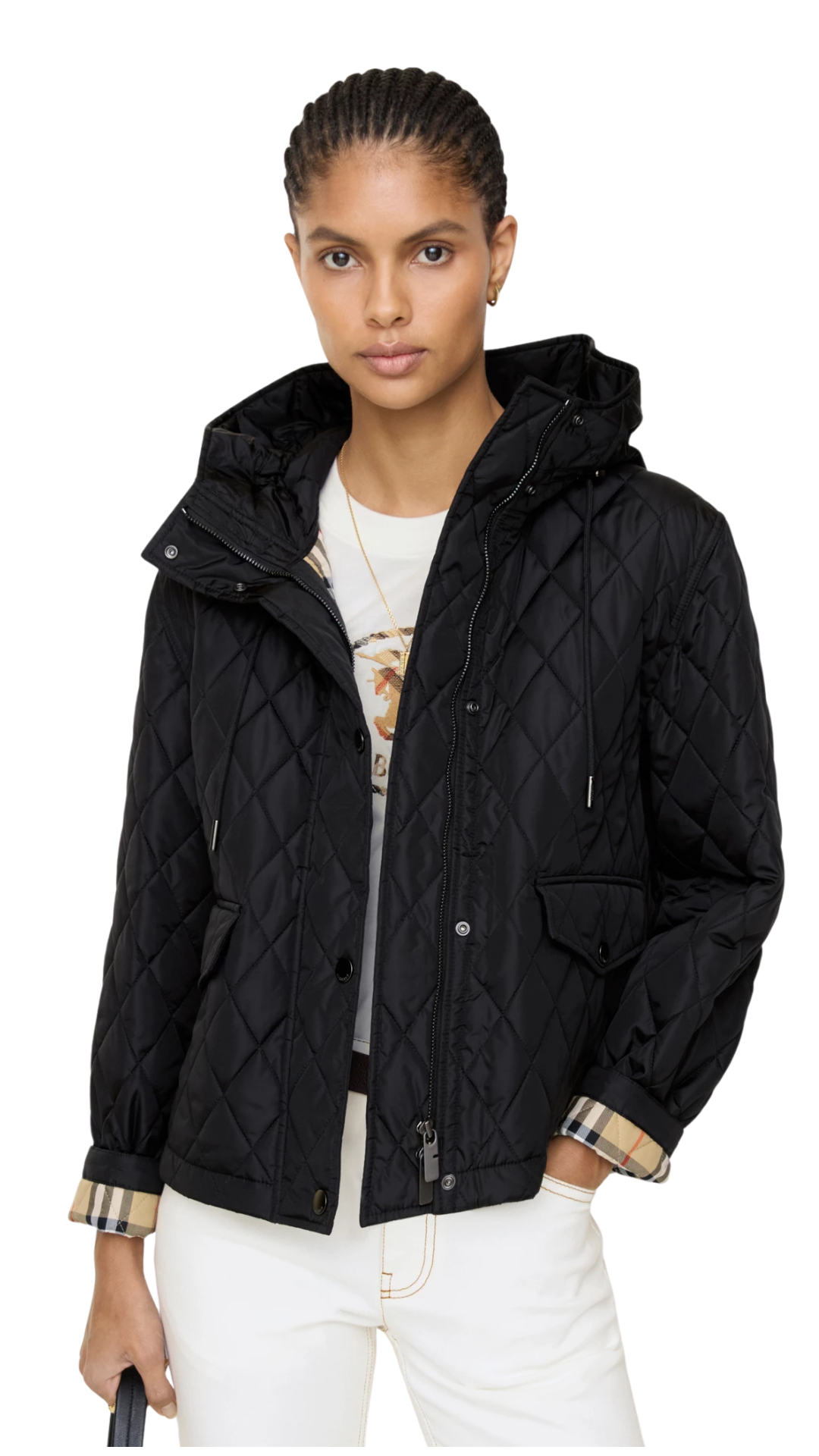 Cropped Quilted Nylon Hooded Jacket in Black