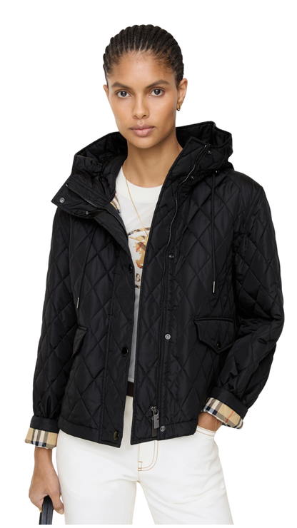 Cropped Quilted Nylon Hooded Jacket in Black
