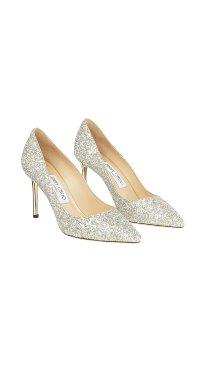 Romy 85 Champagne Coarse Glitter Fabric Pointy Toe Pumps