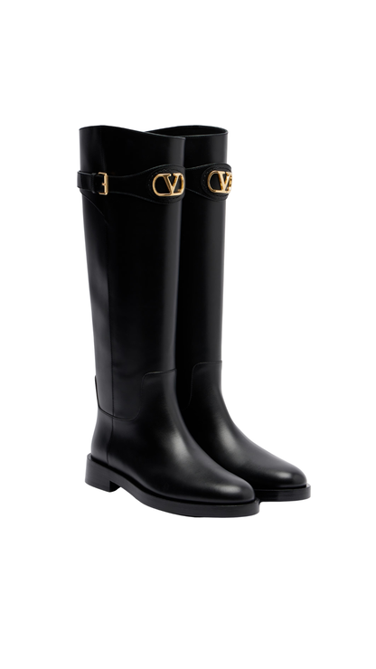VLogo Leather Knee-High Boots in Black