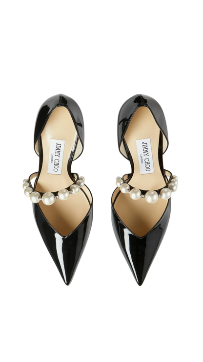 Aurelie 85 Black Patent Leather Pointed Pumps with Pearl Embellishment