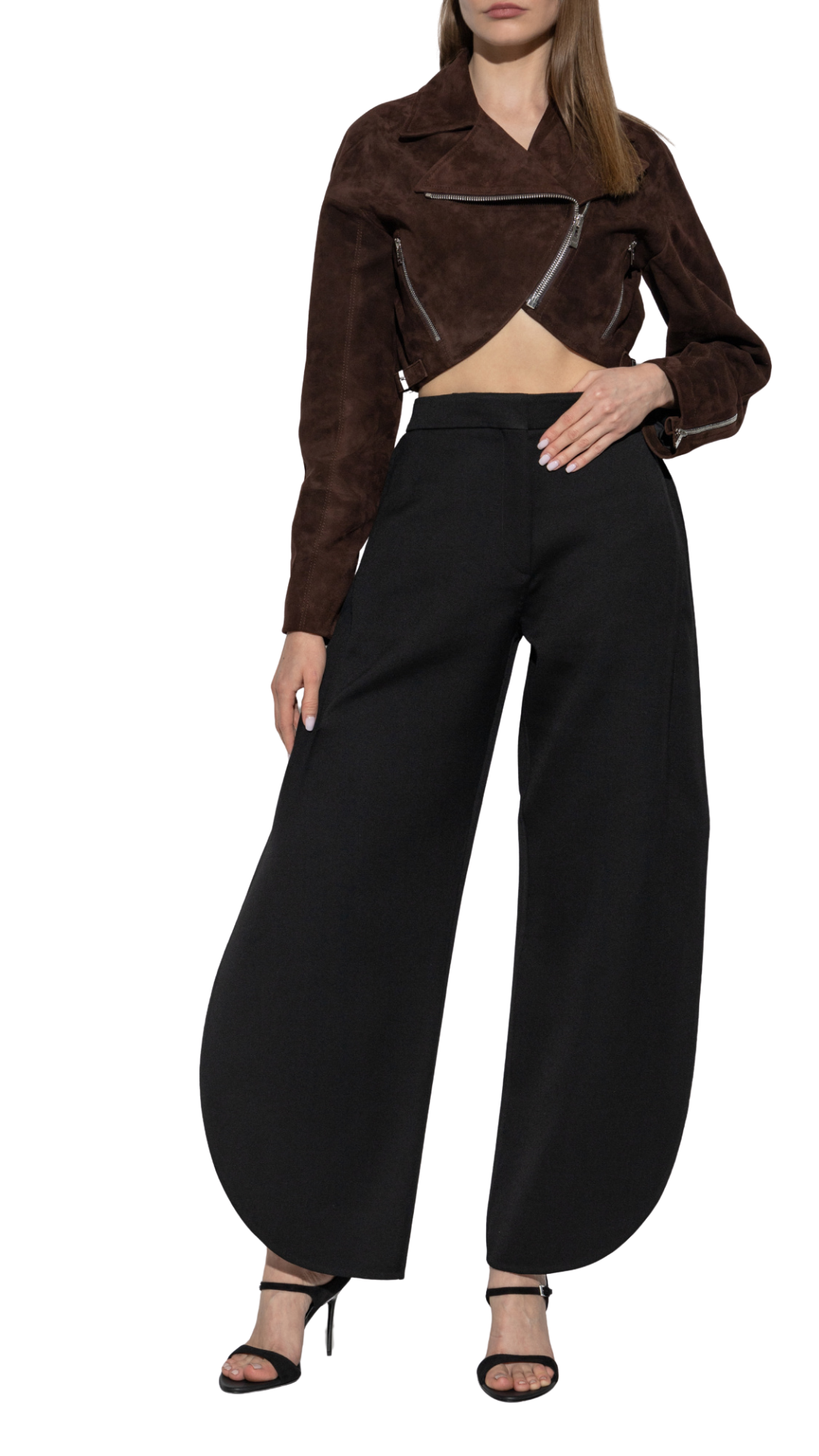 Cropped Leather Biker Jacket in Brown
