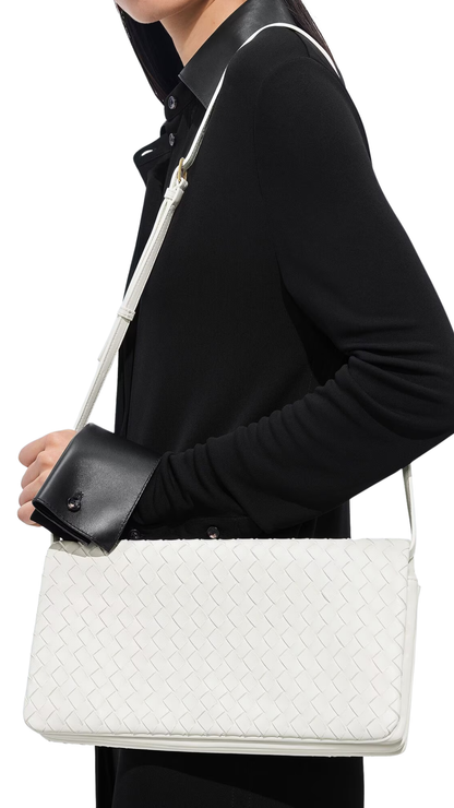 The 70 in Alabaster Top Handle Bag in Supple Intrecciato Leather
