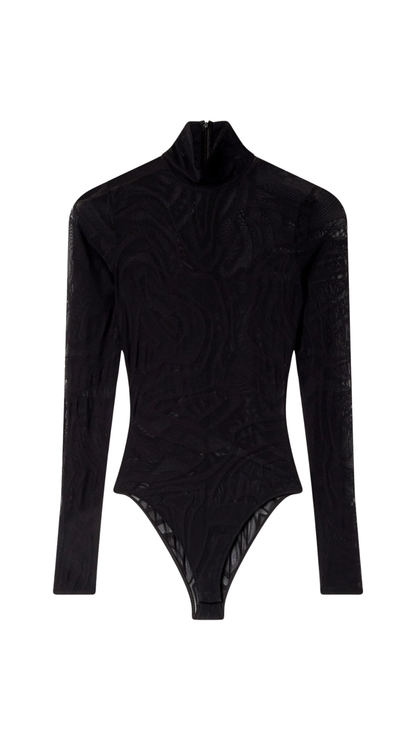 High-Neck Jacquard in Black Tulle Bodysuit
