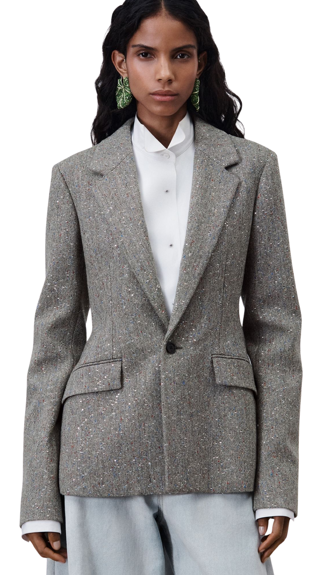 Bar Jacket Khaki Donegal Tweed Embroidered with Multicolor Sequins