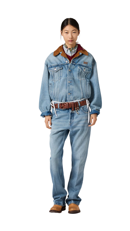 Washed Denim and Suede Blouson Jacket in Sapphire Blue