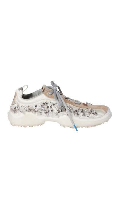 Bubble Embroidered Technical Fabric and Suede Sneakers in Ivory